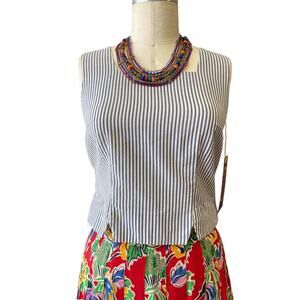 vintage 1960s pinstriped sleeveless top button back chambray white seersucker 34